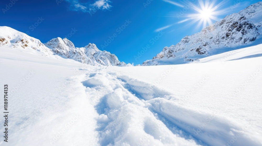 Fresh tracks carved in untouched powder snow under a brilliant blue sky Fresh tracks carved in untouched powder snow under a brilliant blue sky