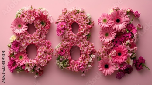 Floral artistry: vibrant pink flowers forming the number 888 on pink background