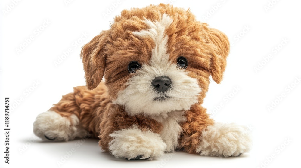 Adorable fluffy puppy with brown and white fur lying down Adorable fluffy puppy with brown and white fur lying down