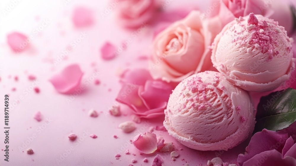 Pink rose petal ice cream scoops surrounded by roses on soft pink background Pink rose petal ice cream scoops surrounded by roses on soft pink background