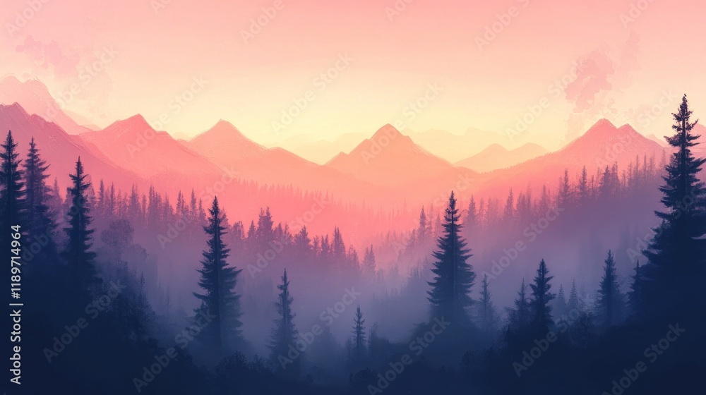 Obraz premium Pink sunset over misty mountain forest, scenic wallpaper
