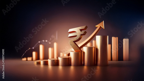 3-d Indian rupee symbol (INR) Growth bar graph in warmth studio lighting