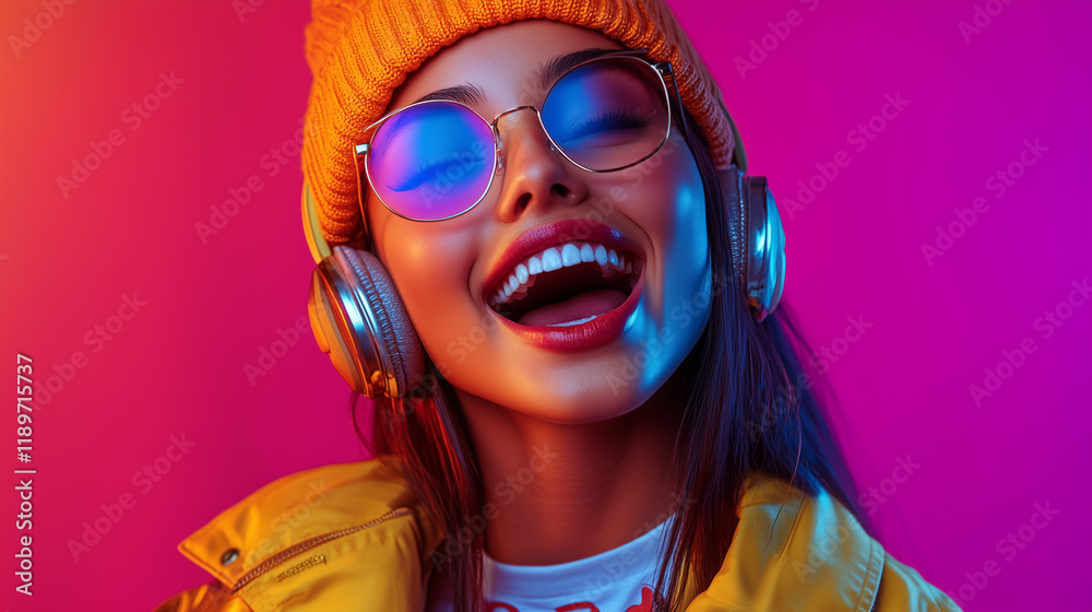 An attractive girl with a Latin appearance sings into a microphone. An attractive girl with a Latin appearance sings into a microphone.
