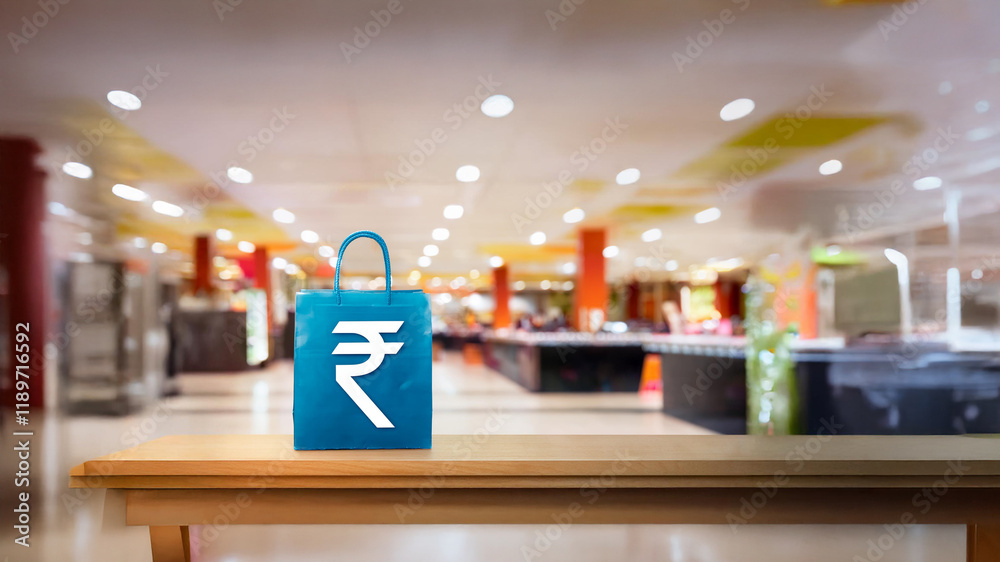 Fototapeta premium Shopping bag having Indian rupee symbol printed on it placed on a billing counter with retail shopping mall blurred ambience