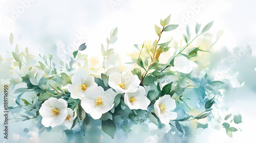 Fototapeta Naklejka Na Ścianę i Meble -  A watercolor painting of a floral arrangement with white flowers and green leaves. Seapearl. Illustration