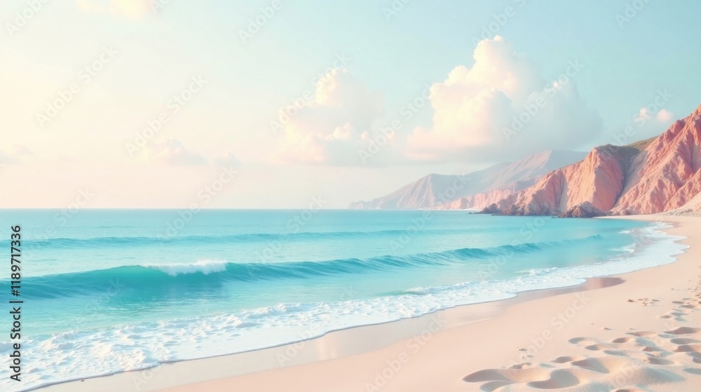Obraz premium Serene Coastal Scene Gentle Waves Lap a Pristine Sandy Beach Under a Softly Lit Sky, Backdropped by Majestic Cliffs
