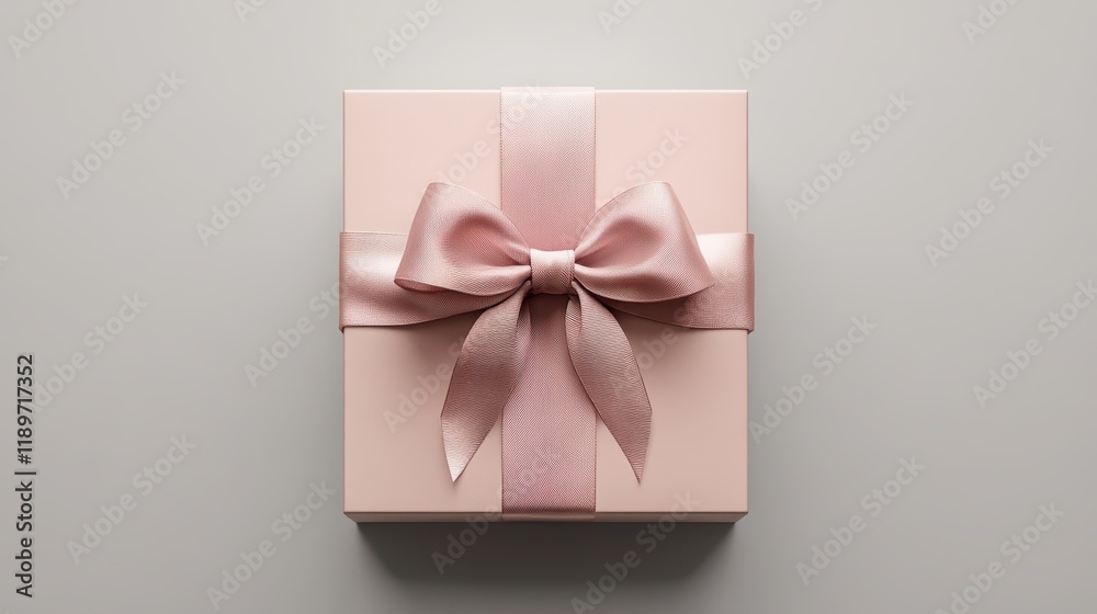 Elegant pink gift box with ribbon bow on gray background Elegant pink gift box with ribbon bow on gray background