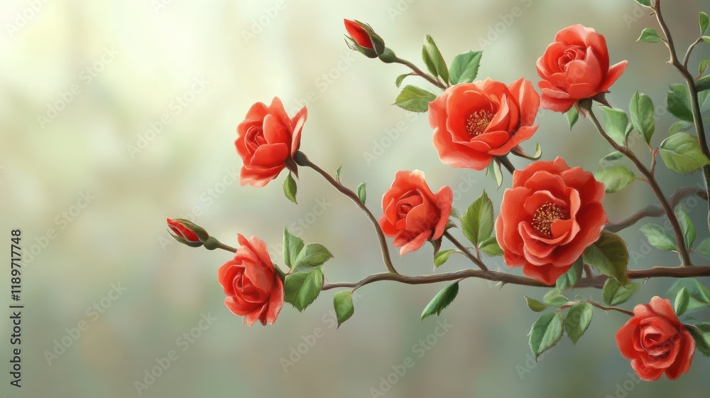 Vibrant red rose blossoms on a branch with soft bokeh background Vibrant red rose blossoms on a branch with soft bokeh background