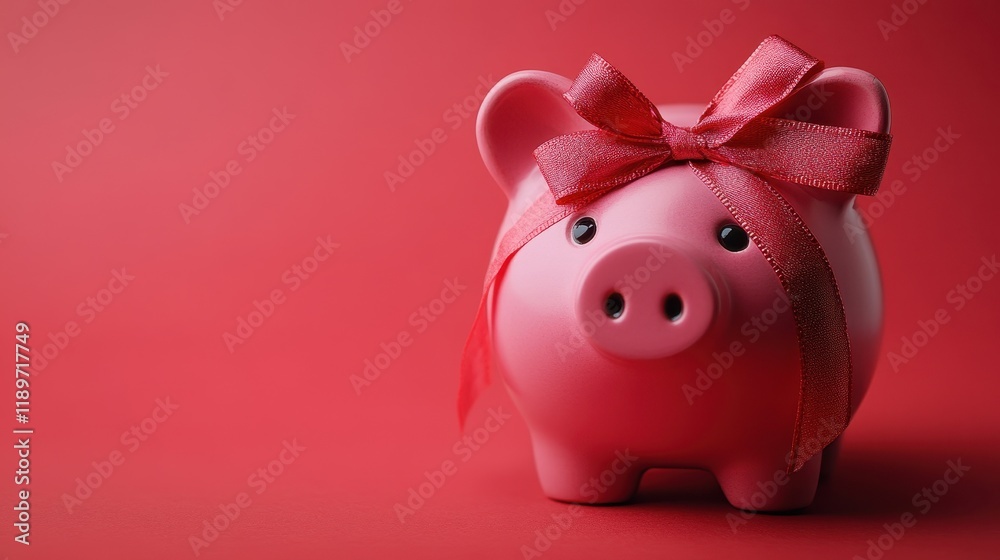 Pink piggy bank with red bow on red background