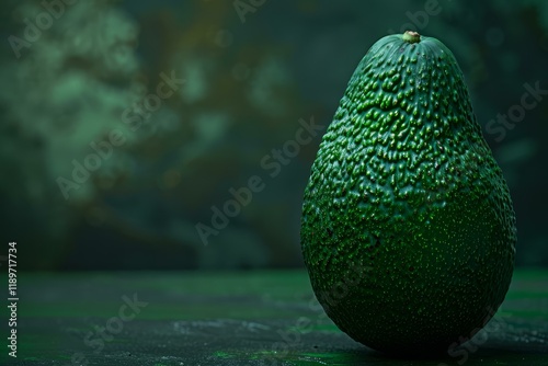 Ripe bumpy avocado standing on dark green table on blurry background photo