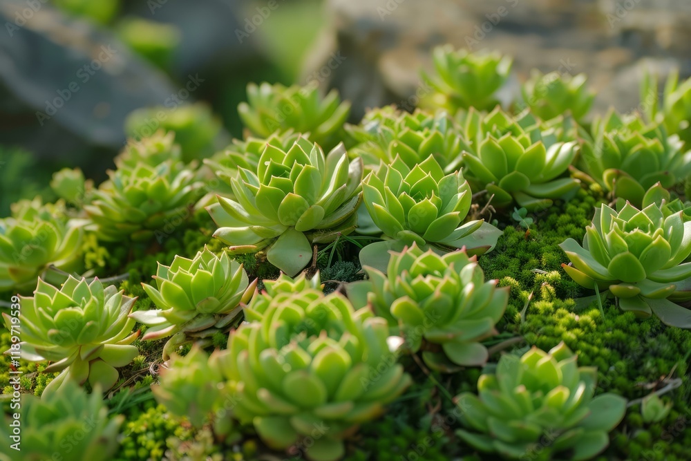 Vibrant green succulents thrive amongst moss and rocks, creating a tranquil garden scene Vibrant green succulents thrive amongst moss and rocks, creating a tranquil garden scene