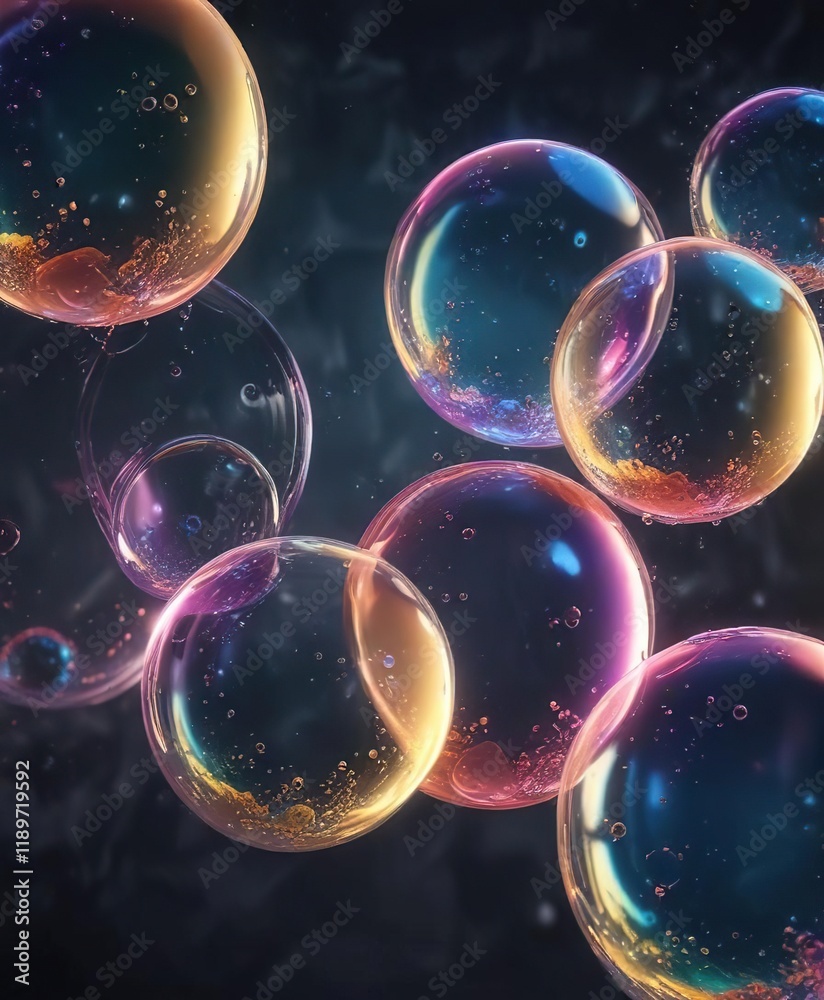 Naklejka premium Glowing soap bubbles float in a mesmerizing abstract background, dynamic movement, neon soap bubbles