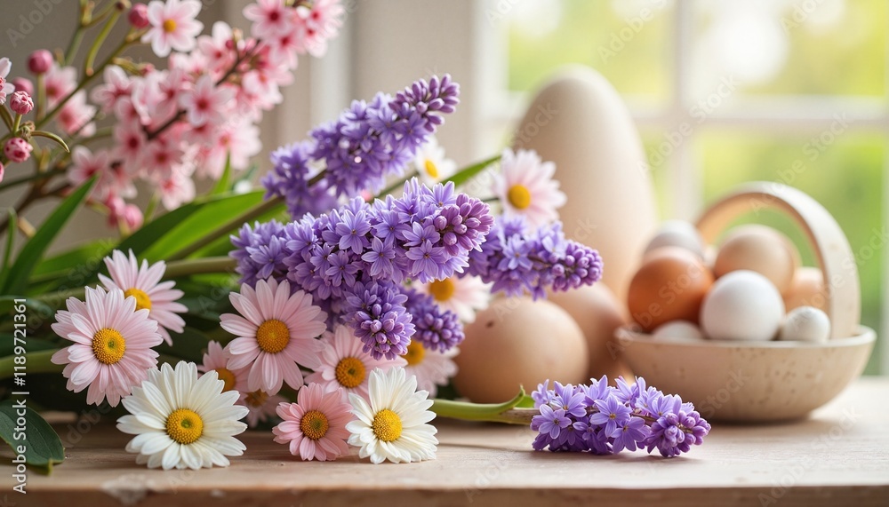 Easter flowers and eggs in a cozy setting with a basket and sunlight streaming through a window Easter flowers and eggs in a cozy setting with a basket and sunlight streaming through a window