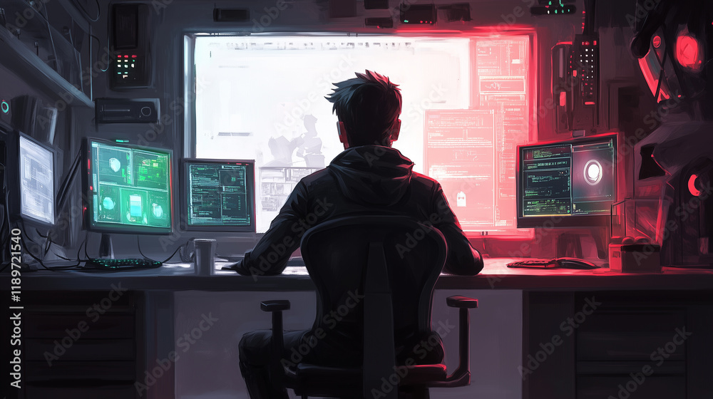 Man workshops from the world of computers and cyber, realistic image. Man workshops from the world of computers and cyber, realistic image.