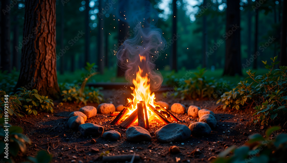 Campfire glowing in a forest clearing, surrounded by stones and trees at dusk Campfire glowing in a forest clearing, surrounded by stones and trees at dusk