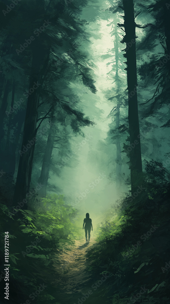 Fototapeta premium Person walking through a misty forest path 