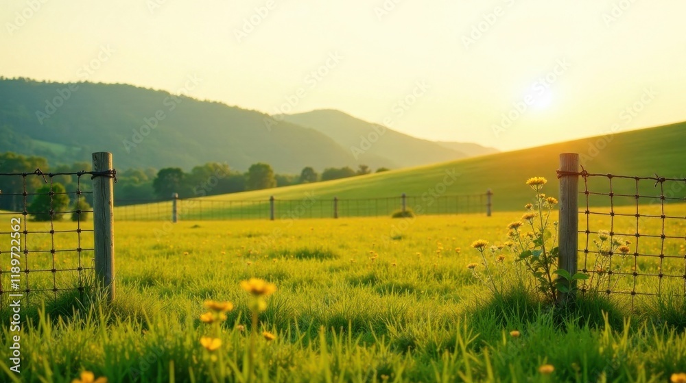 Fototapeta premium Serene Sunset over a Verdant Meadow, Encased by a Rustic Wire Fence, Gentle Rolling Hills in the Background