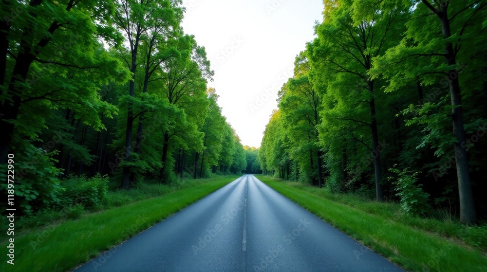 Fototapeta premium Asphalt Pathway Through Lush Green Canopy, A Serene Drive Down a Tree-Lined Road