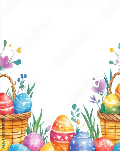 Watercolor poster with easter eggs and baskets, easter holiday concept