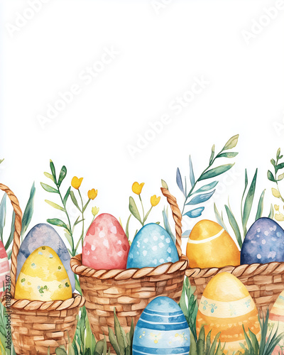Watercolor poster with easter eggs and baskets, easter holiday concept
