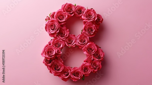 Floral number eight made of pink roses on a soft pink background