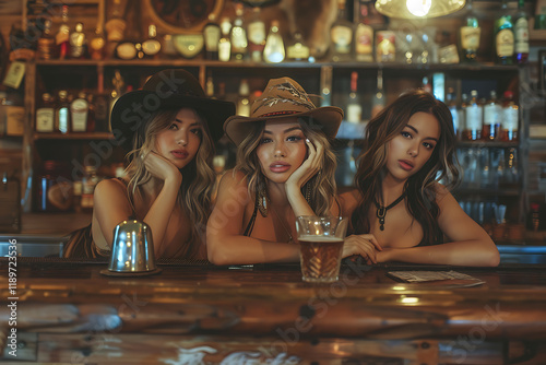 vintage saloon scene, three stunning women admiring their reflections in the mirror of an old west saloon
