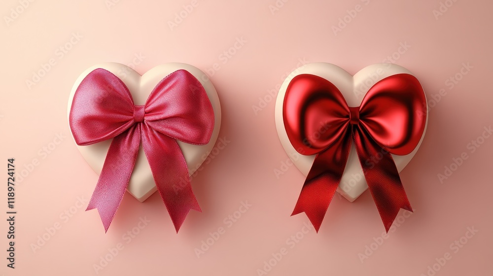 Elegant heart-shaped gift boxes with red and pink bows on soft background