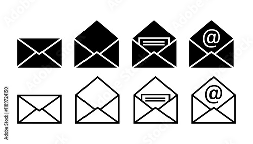 Collection of vector black envelope icons. Closed, open, with letter and email symbol. White background.