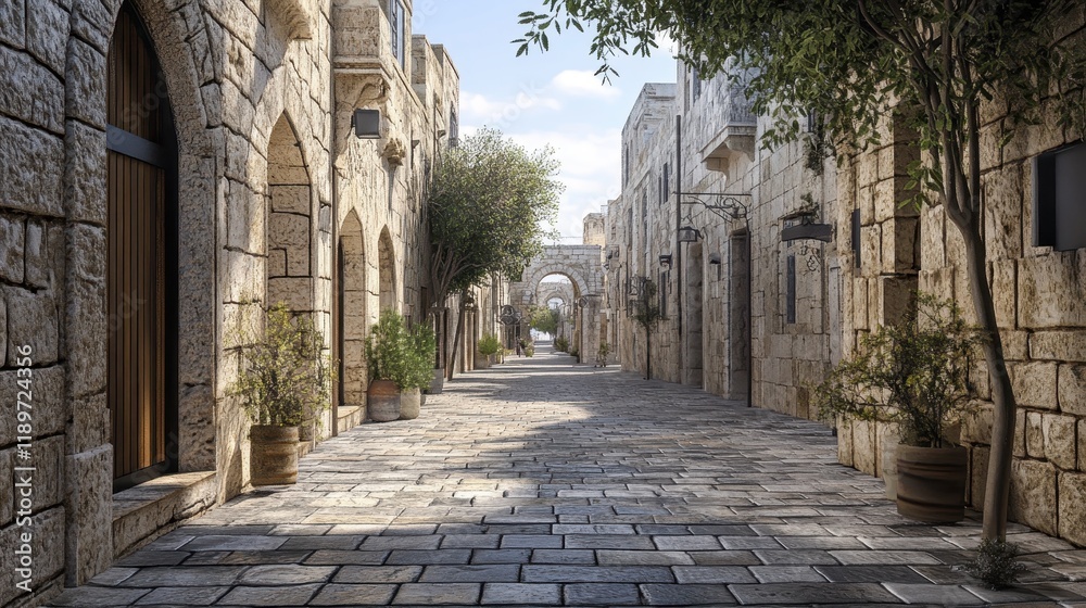 Historic stone street with arches and trees in a quiet urban setting