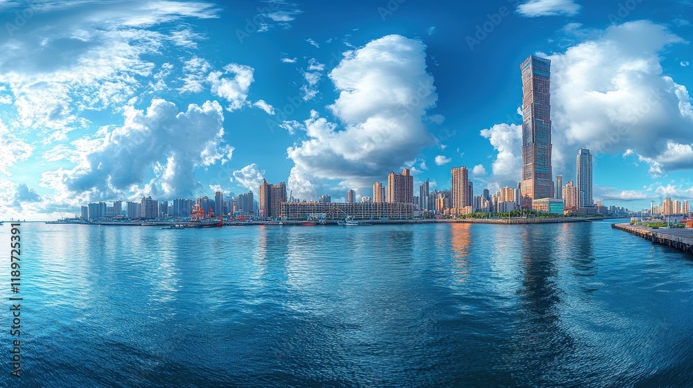 Naklejka premium Panoramic cityscape with modern skyscrapers and blue sky reflections on water