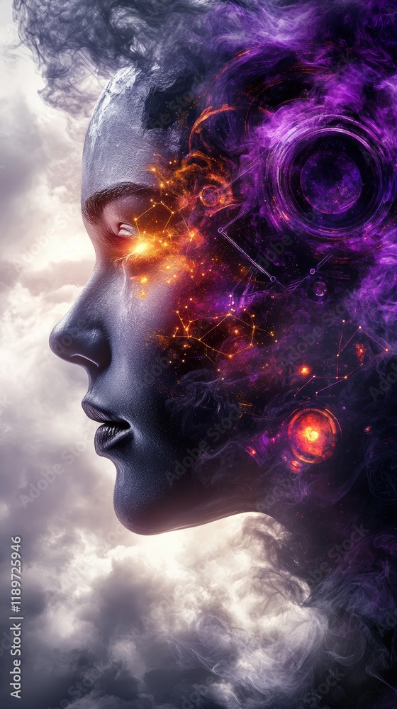 Abstract Portrait Woman s Face Emerging from Cosmic Nebula Technological Elements Abstract Portrait Woman s Face Emerging from Cosmic Nebula Technological Elements