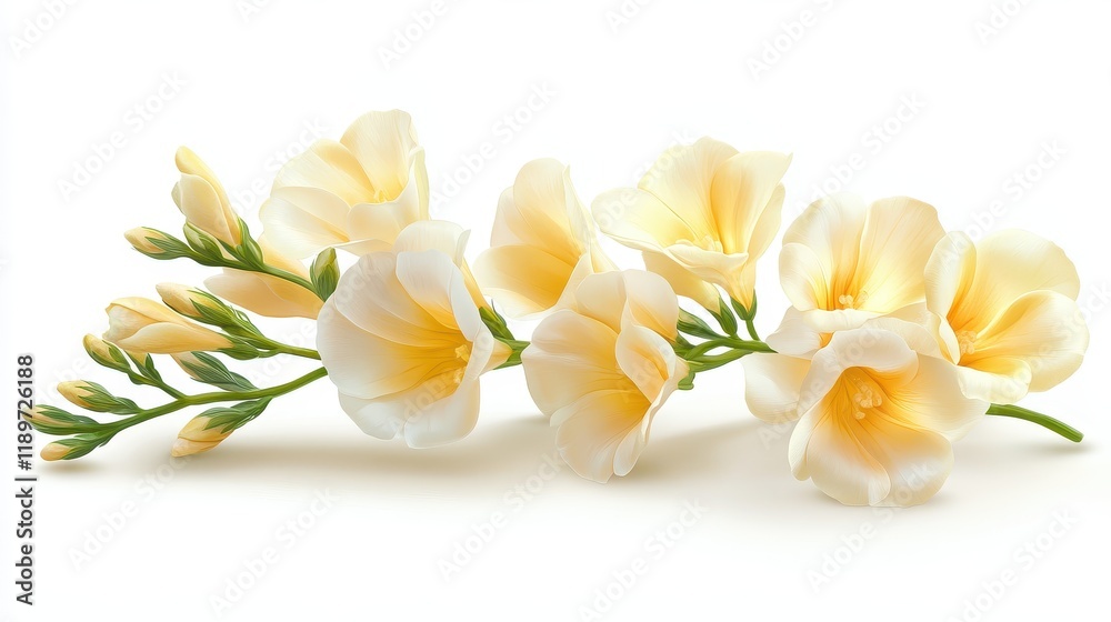 Creamy yellow freesia flowers with green buds on white background