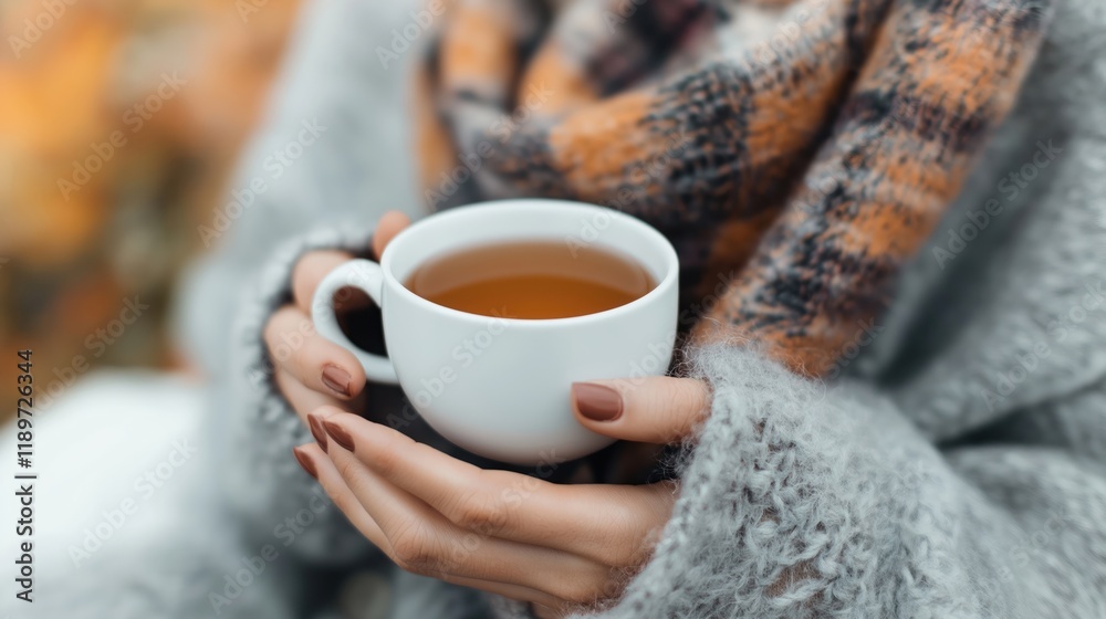 Woman holding warm cup of tea. Cozy plaid scarf. Autumn fashion. Relaxing moment outdoors. Warm autumn vibes. Enjoying hot drink. Comfortable scene. Cozy autumnal style. Relaxing outdoors. Woman with Woman holding warm cup of tea. Cozy plaid scarf. Autumn fashion. Relaxing moment outdoors. Warm autumn vibes. Enjoying hot drink. Comfortable scene. Cozy autumnal style. Relaxing outdoors. Woman with