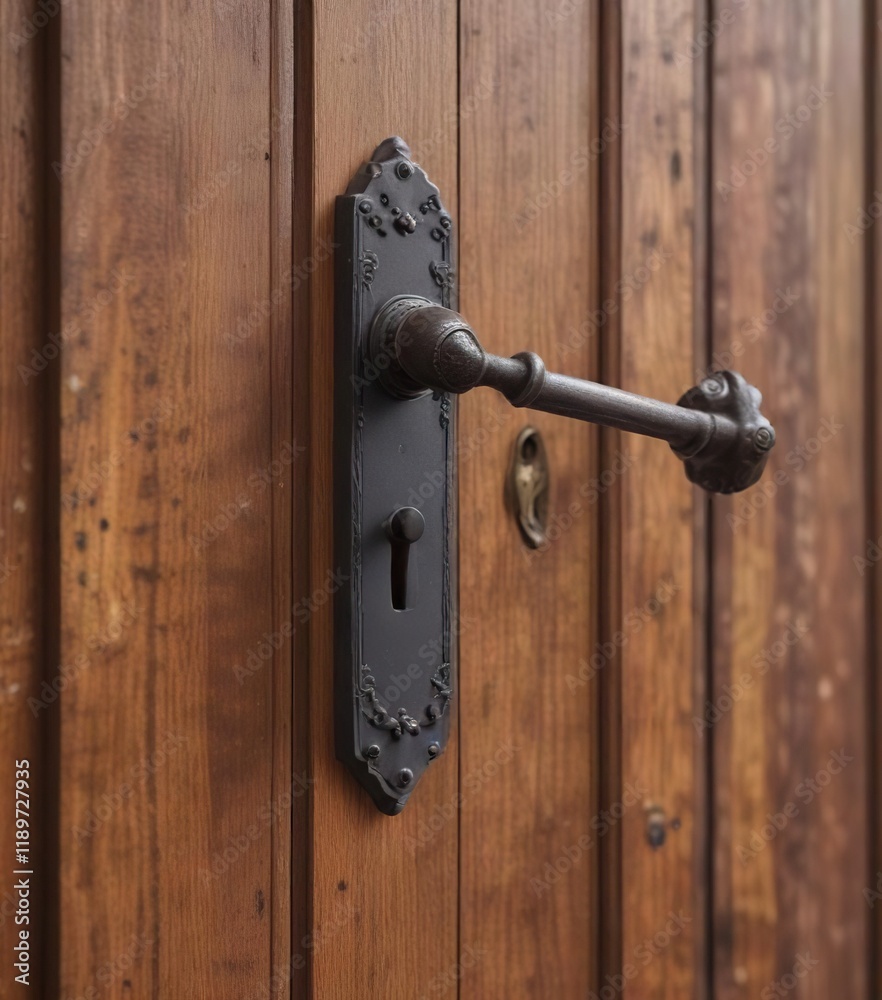 Obraz premium Iron door handle on wooden door with a keyhole , entrance, door handle