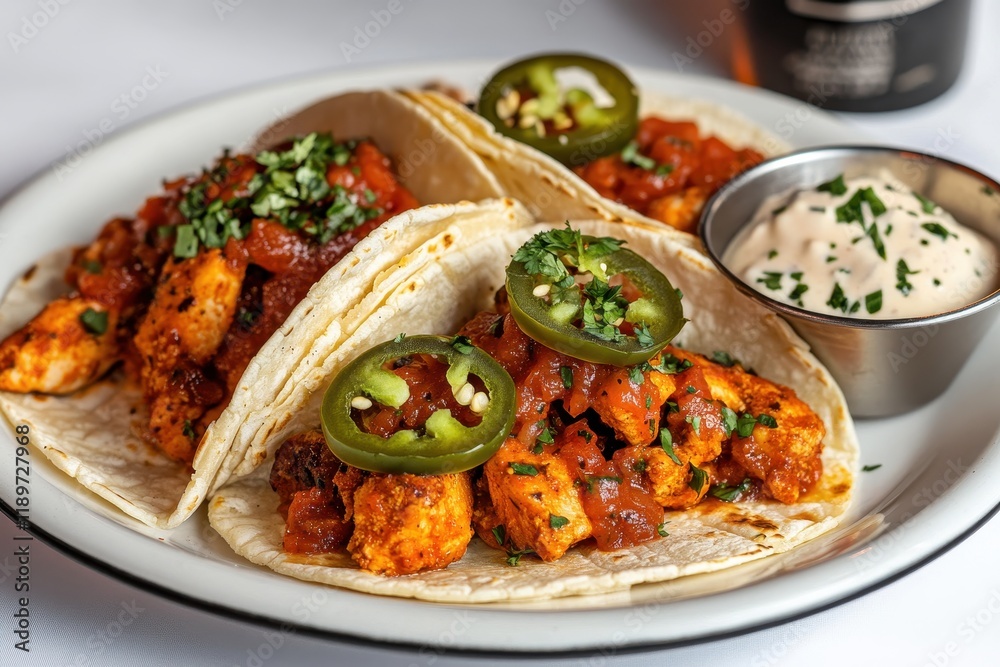 Delicious Chicken Tacos with Spicy Salsa and Fresh Jalapeno Slices on a White Plate Perfect for Food Lovers and Culinary Enthusiasts Delicious Chicken Tacos with Spicy Salsa and Fresh Jalapeno Slices on a White Plate Perfect for Food Lovers and Culinary Enthusiasts
