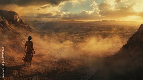 The rising sun casts long shadows over the battlefield as David, small yet resolute, prepares to face the giant Goliath with unwavering faith.
