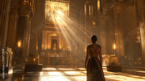 Queen Esther steps into the grand palace hall, bathed in golden light, as she courageously approaches the throne to plead for her people.
 photo