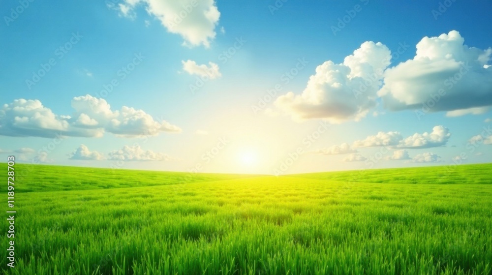 Serene Landscape Rolling Green Field Under a Sunny Sky with Fluffy White Clouds Serene Landscape Rolling Green Field Under a Sunny Sky with Fluffy White Clouds