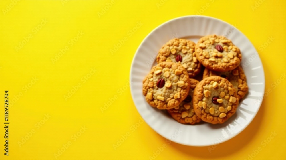 A plate of delicious golden brown oatmeal cookies with nuts and seeds, arranged on a vibrant yellow background, offering a tempting and inviting visual treat. A plate of delicious golden brown oatmeal cookies with nuts and seeds, arranged on a vibrant yellow background, offering a tempting and inviting visual treat.