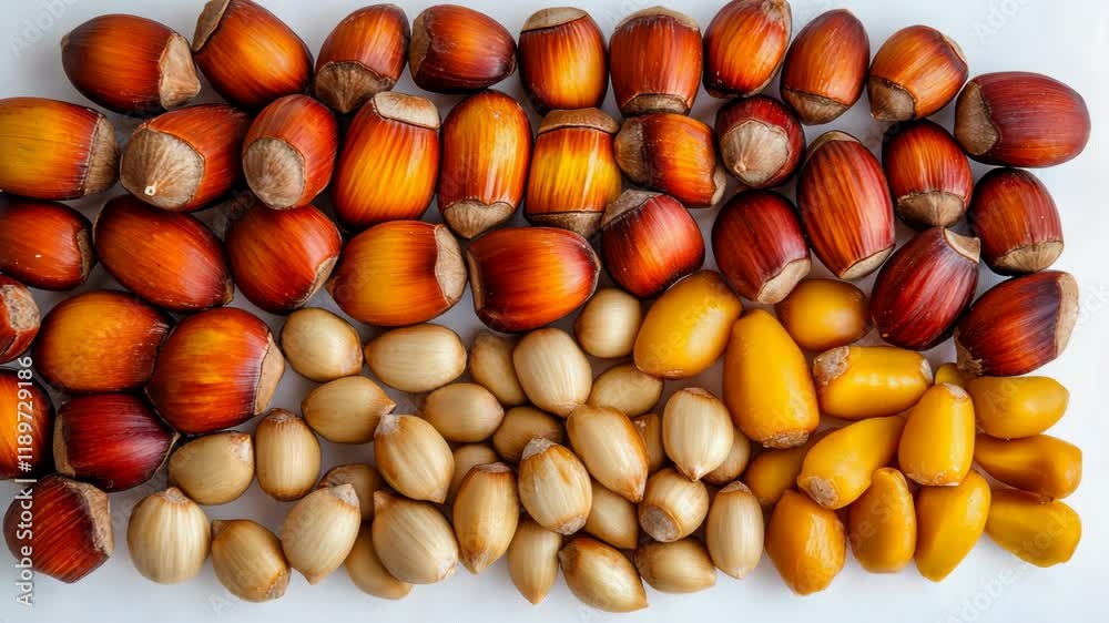 Freshly harvested nuts arranged on a white background showcasing their vibrant colors and textures Freshly harvested nuts arranged on a white background showcasing their vibrant colors and textures