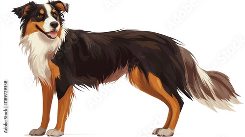 Brown, black, white dog standing, facing right. Solid white background, possible breed image photo