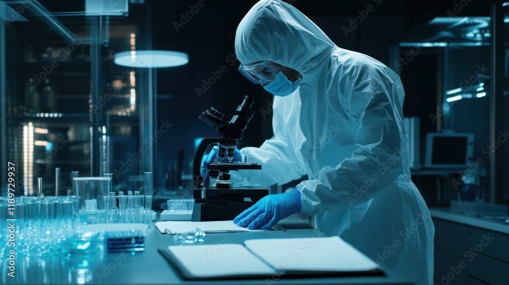 Scientist in protective suit examining samples under a microscope in a lab. Scientist in protective suit examining samples under a microscope in a lab.