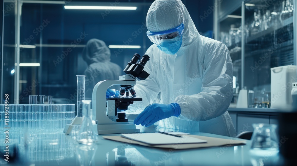 Scientist in PPE using a microscope in a lab. Scientist in PPE using a microscope in a lab.