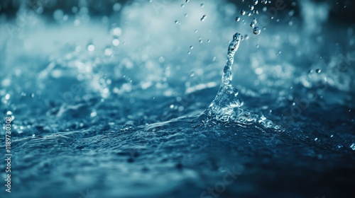 Water wave splashes, drops fall in clear fresh flow, blue aqua purity in motion, liquid droplets create transparent ripples, natural fluid pours with bubbles, ocean surface texture forms photo