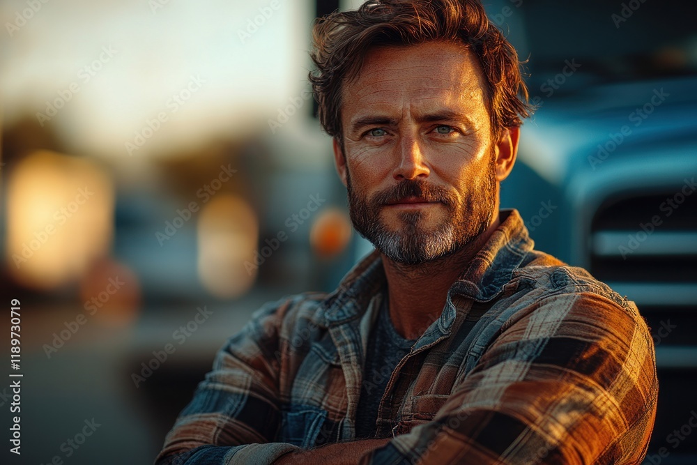 Confident truck driver standing in front of large blue truck with smile at golden hour Confident truck driver standing in front of large blue truck with smile at golden hour
