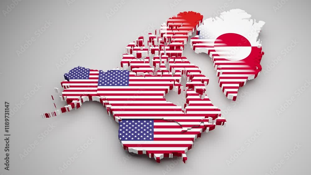 3d maps of the USA, Canada and Greenland with their flags being replaced by an US flag as pattern. Concept for imperialistic tendencies in the US to annex Canada and Greenland.