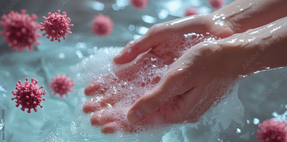 Fototapeta premium A person utilizing hand sanitizer, with an overlay showing virus particles being neutralized.