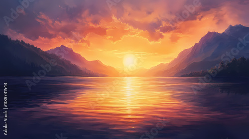 Tranquil, oil painting of a serene lakeside sunset, atmospheric, visual tranquility. Lakeshadow. Illustration