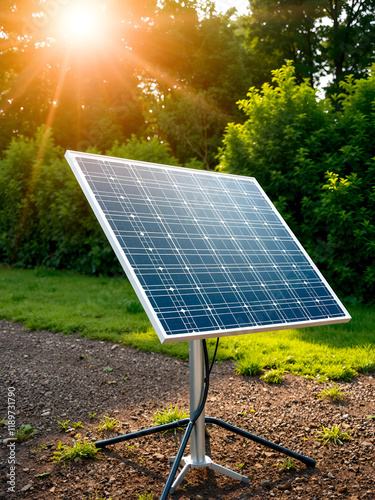 a solar panel mounted on a stand. designed to capture sunlight and convert it into electrical energy this renewable energy source is essential for sustainable power generation and reducing carbon emis photo