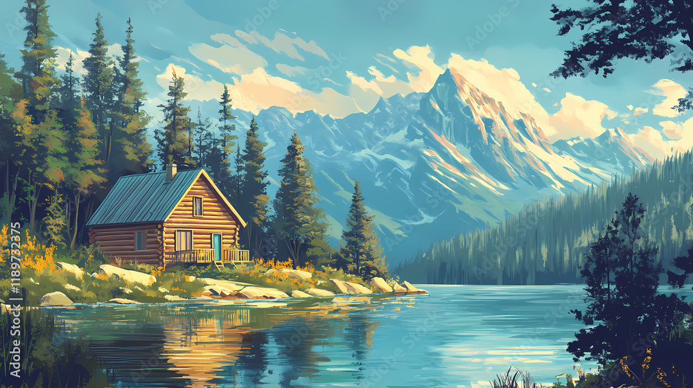 Fototapeta premium Wood cabin on the lake - log cabin surrounded by trees, mountains, and water in natural landscapes. Lakeshadow. Illustration